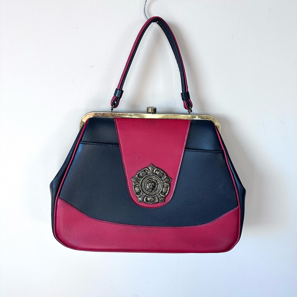 Vintage 1960s Black & Burgundy Leather Frame Handbag Purse with Lion Medallion